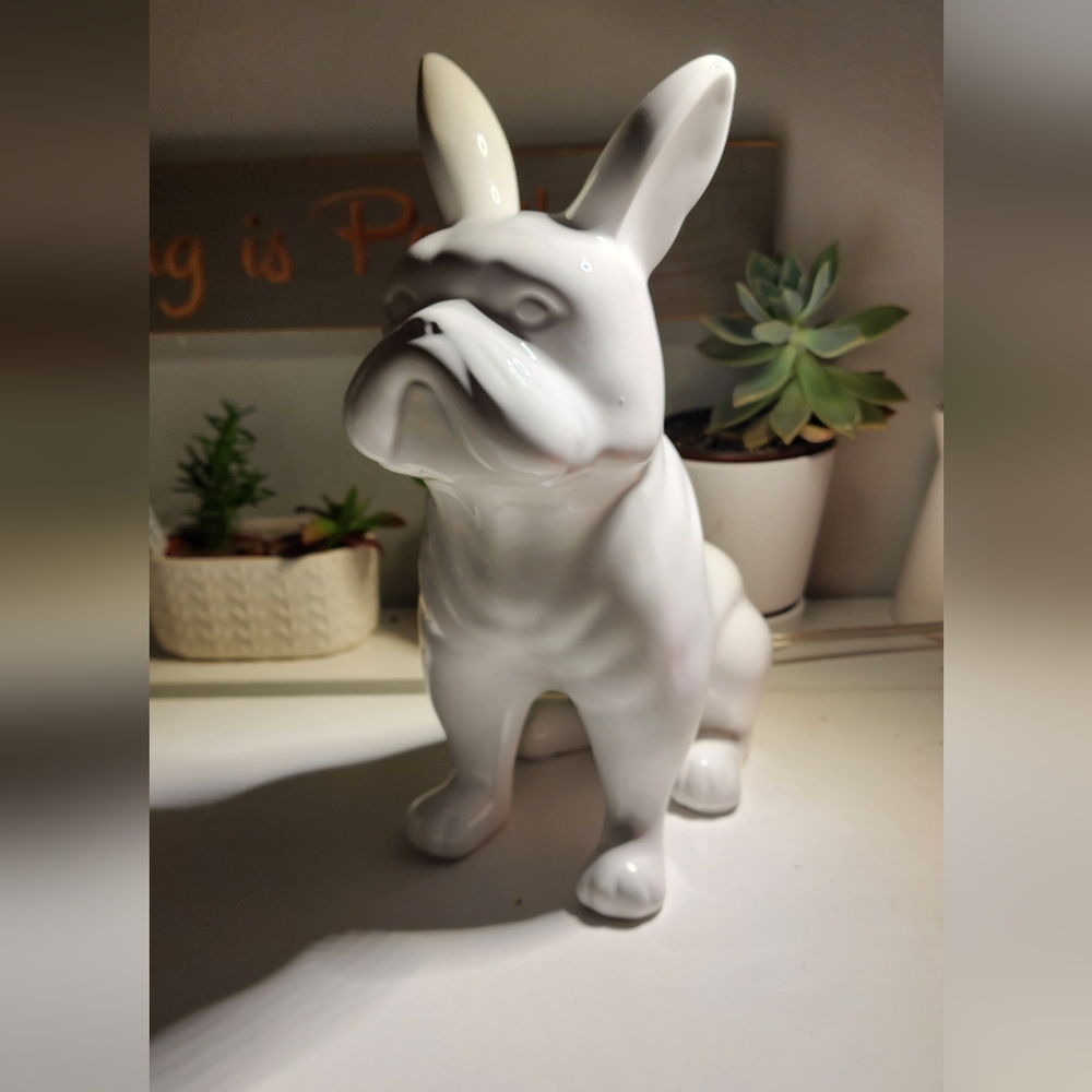 French Bulldog Statue 1 ftFigurine Rabbit‎ Ears White Ceramic Decor